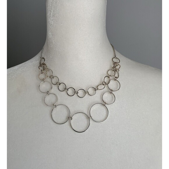 Silver Tone Hoop Circles Link Chain Necklace 15.5" - 18.5" Double Strand Circles - Picture 1 of 9
